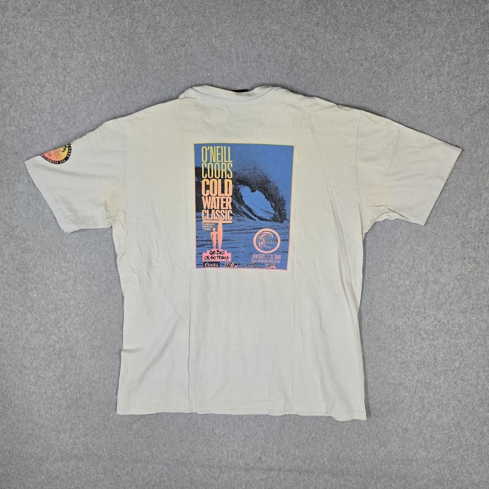 VINTAGE O'Neill Men Shirt XL Off-White Coors Cold Water 80s Surf Contest READ